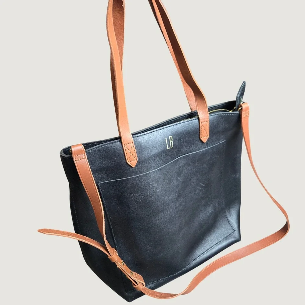 Madewell The Zip-Top Medium Transport Tote Black Leather Gold Monogram LB AE189